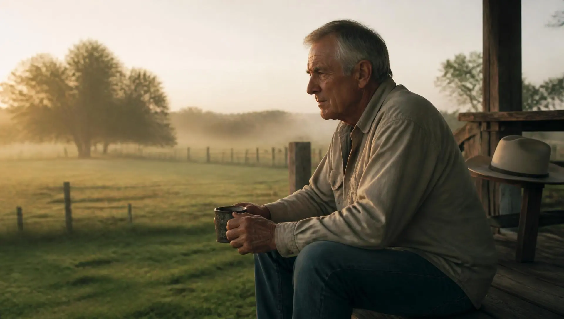 An older Texas rancher sitting alone on his porch at dawn with a cup of coffee, looking out over his land
