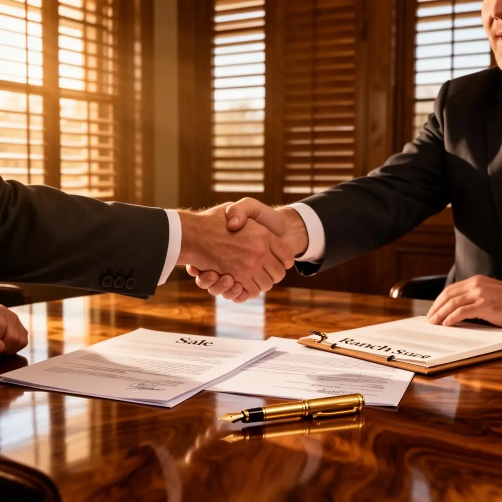 Handshake closing a ranch business sale across a polished walnut conference table