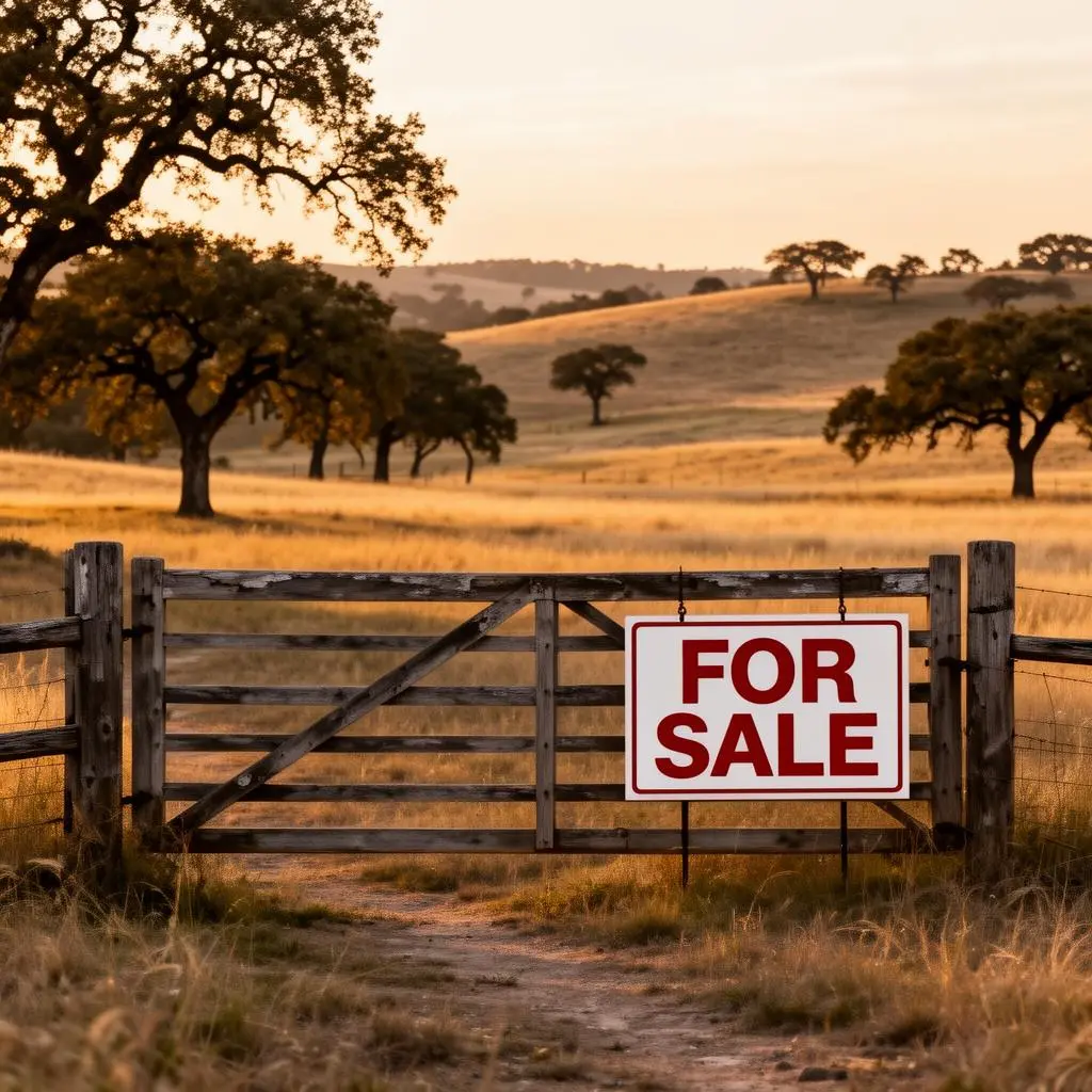 Weathered Texas ranch gate with a tasteful for-sale sign at golden hour
